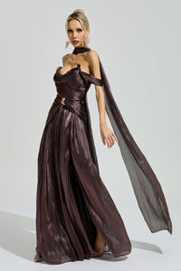 Yasken Brown Satin Neck Maxi Dress