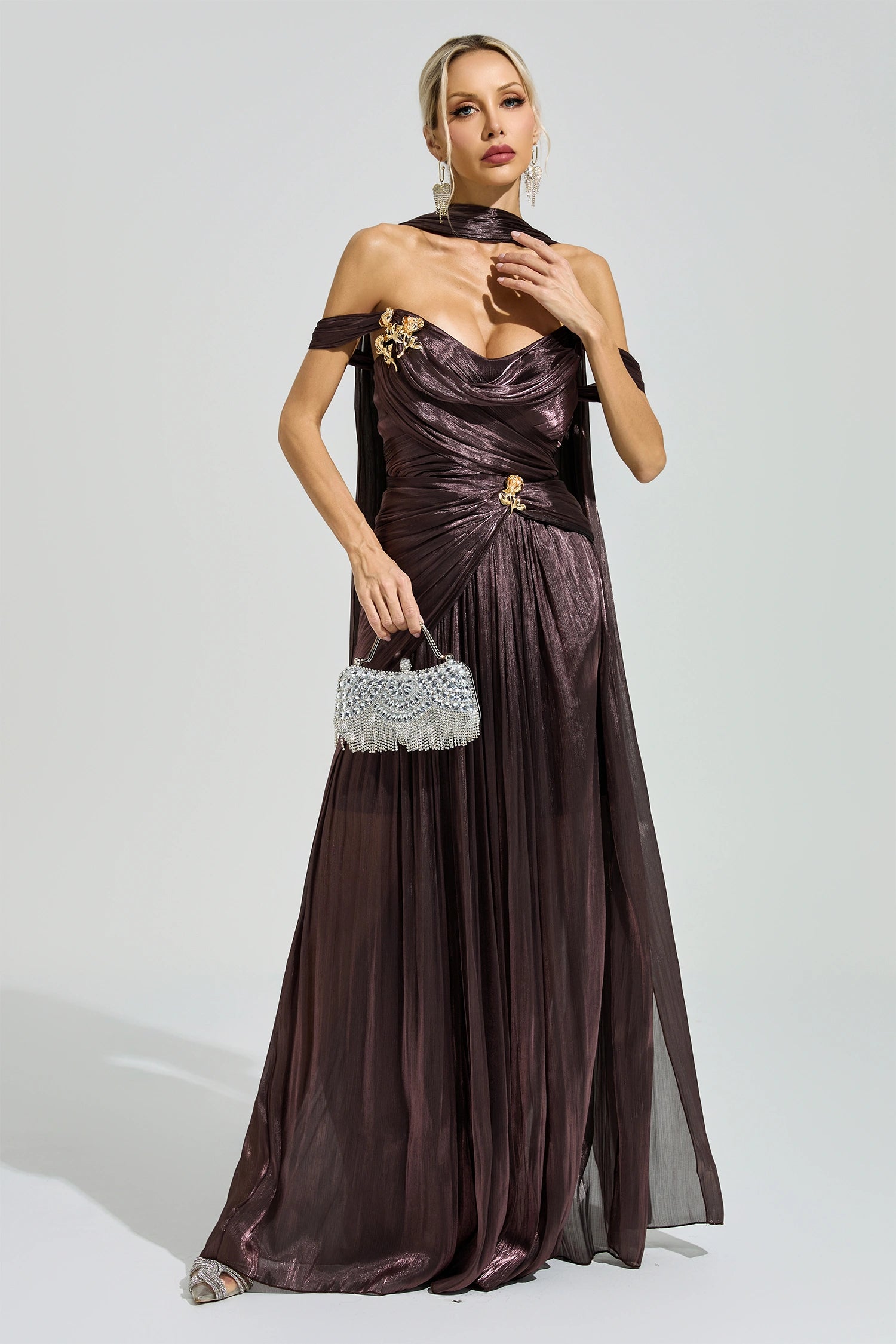 Yasken Brown Satin Neck Maxi Dress