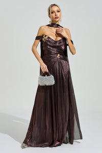 Yasken Brown Satin Neck Maxi Dress