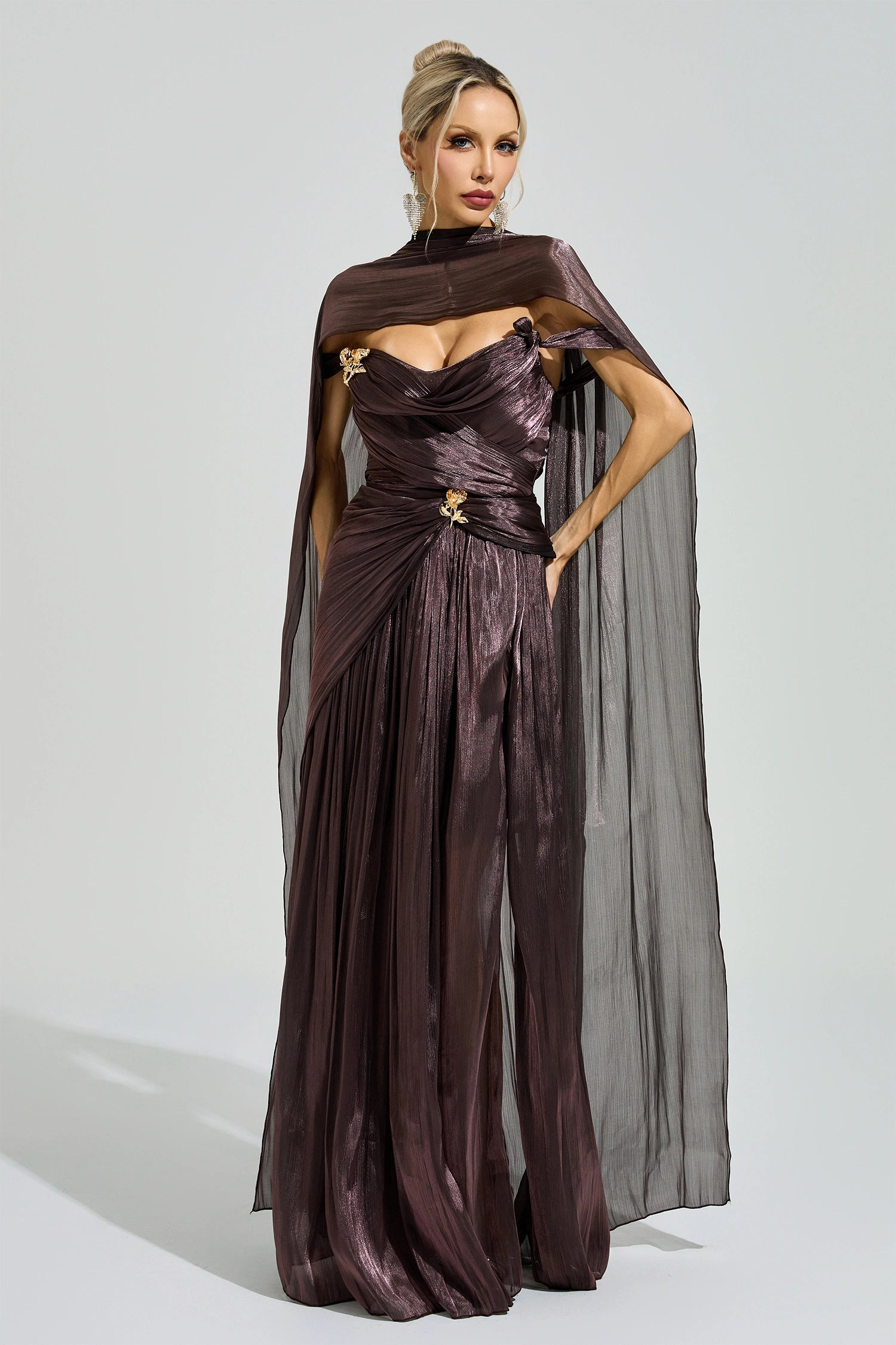 Yasken Brown Satin Neck Maxi Dress
