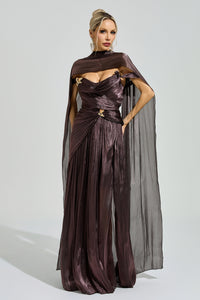 Yasken Brown Satin Neck Maxi Dress