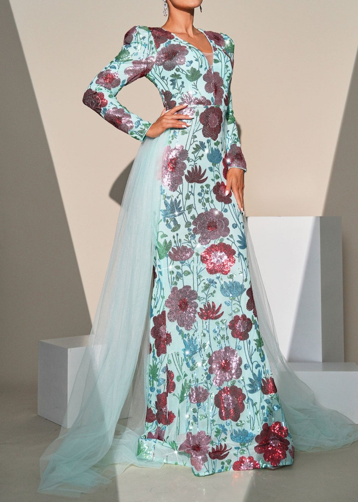 Kadience Long Sleeve Floral Print Sequin Maxi Dress In Green