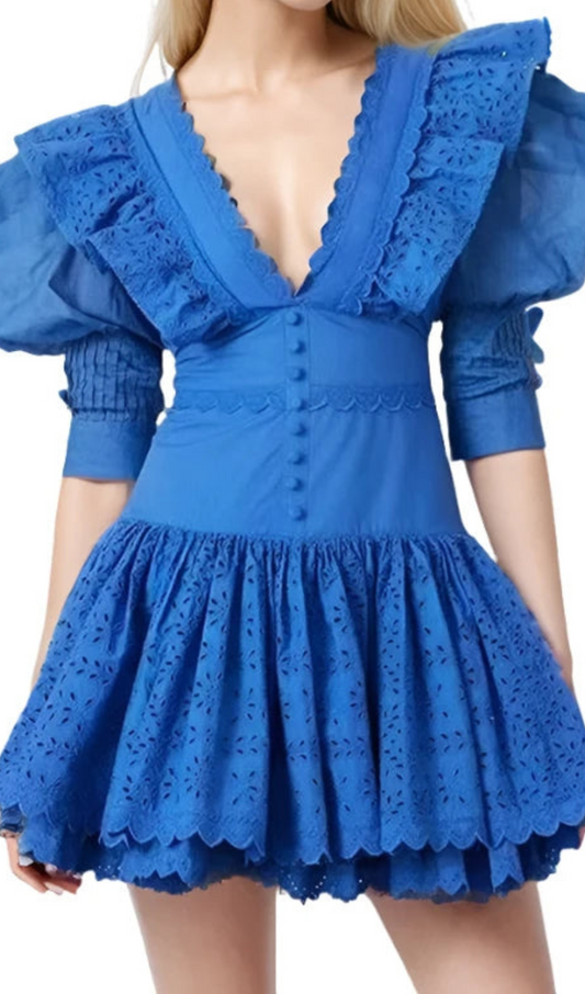 Makoto V-Neck Embroidered Ruffled Mini Dress In Blue