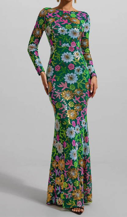 Nisan Sequin Round Neck Long Sleeve Maxi Dress In Green