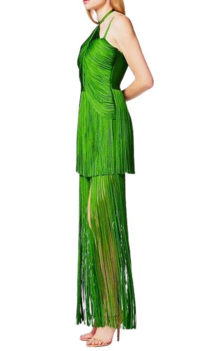 Bentley Halter Neck Fringe Tassel Dress In Green