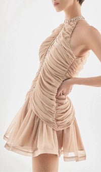 Rex Embellished Ruched Mini Dress In Champagne