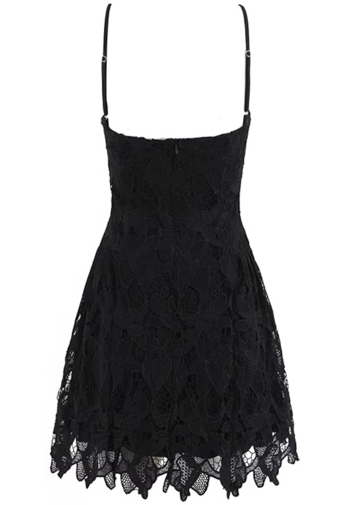 Lequoia Floral Crochet A Line Dress Black