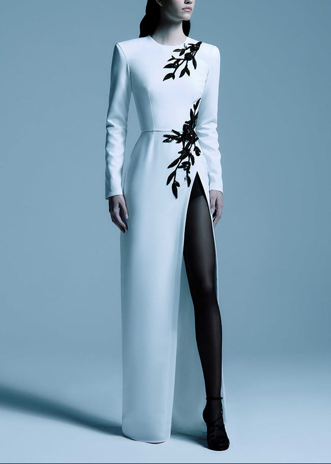 Ferdy Long Sleeve Floral Detail Maxi Dress In White