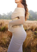 Geyeron Long Sleeve Draped Bardot Maxi Dress In Ivory