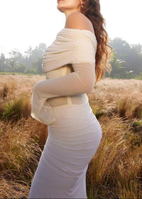 Geyeron Long Sleeve Draped Bardot Maxi Dress In Ivory