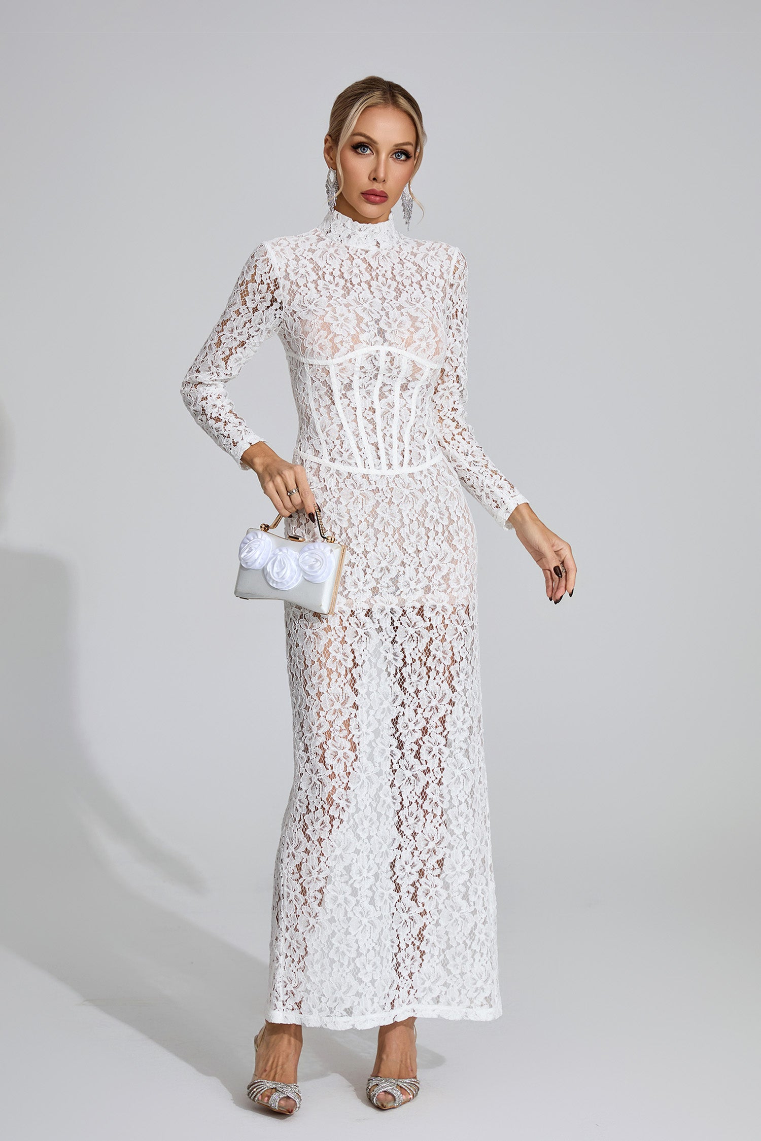 Heyren Long Sleeve Structured Lace Maxi Dress In White