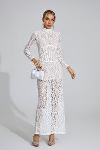 Heyren Long Sleeve Structured Lace Maxi Dress In White