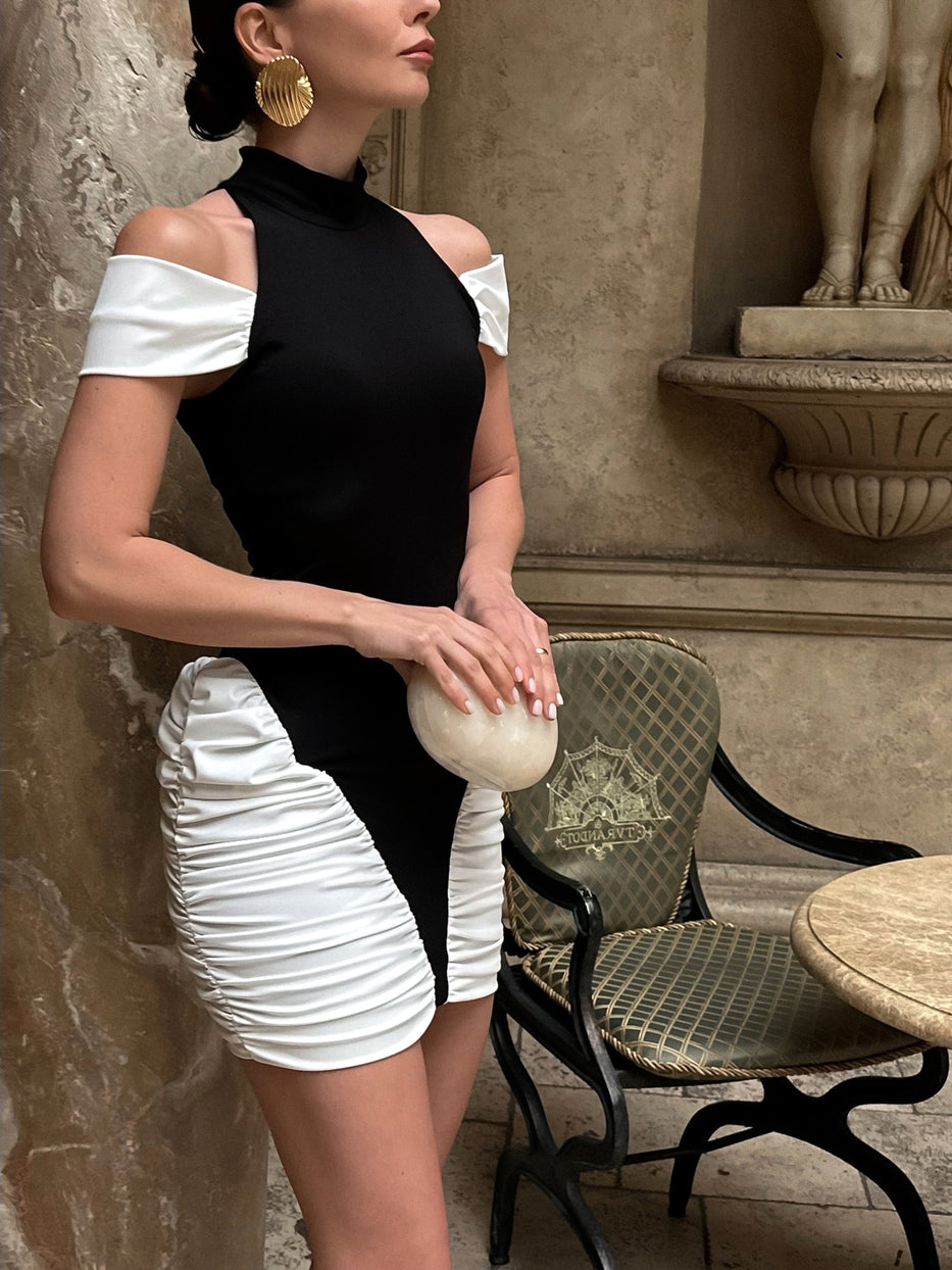 Haeris Cold Shoulder Ruched Mini Dress In Black White