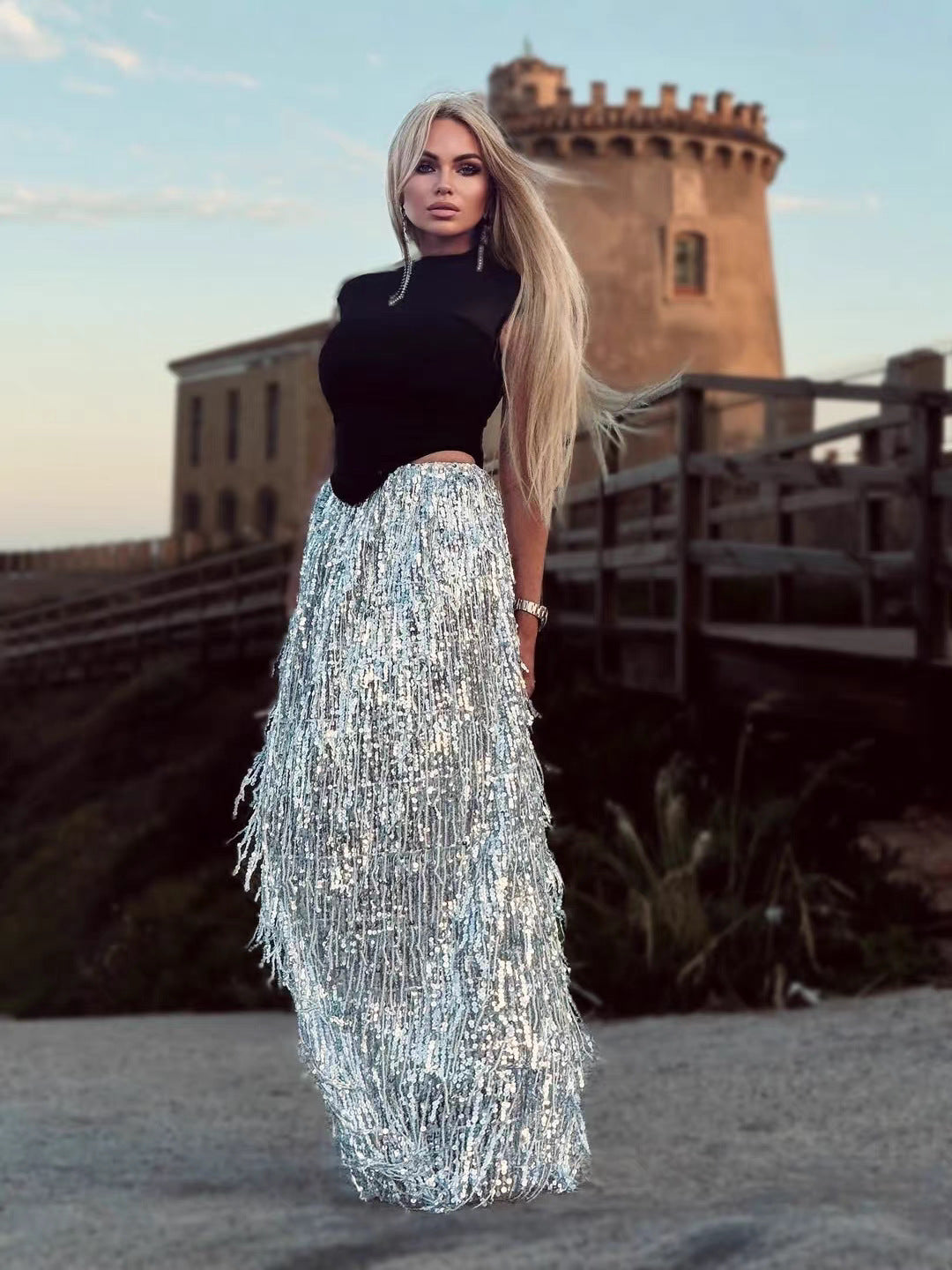 Jonix Mesh Tassel Sequin Long Skirt Set
