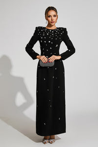 Bethel Long Sleeve Crystal A Line Maxi Dress In Black