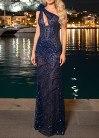 Rorah Floral One Shoulder Sequin Maxi Dress In Blue