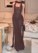 Mansi Halter Sparkly Maxi Dress In Brown