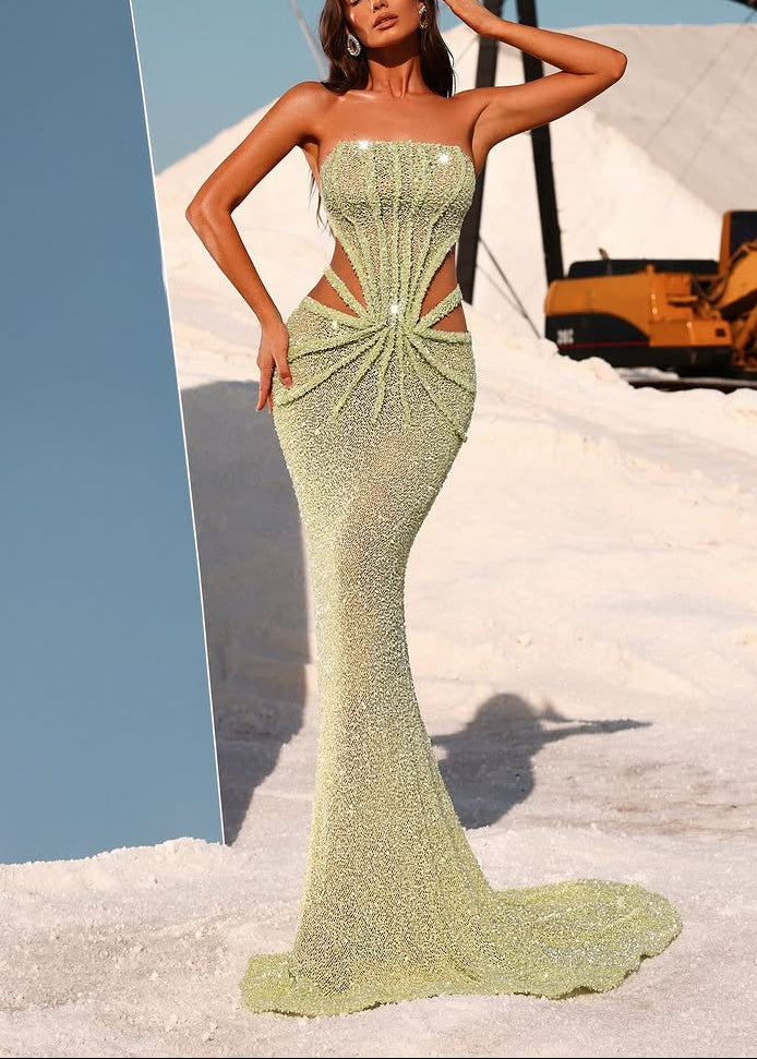 Basima Strapless Sequin Mesh Insert Maxi Dress In Green