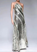 Pandeia Halter Ruffle Detail Sequin Maxi Dress In Silver