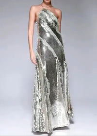 Pandeia Halter Ruffle Detail Sequin Maxi Dress In Silver