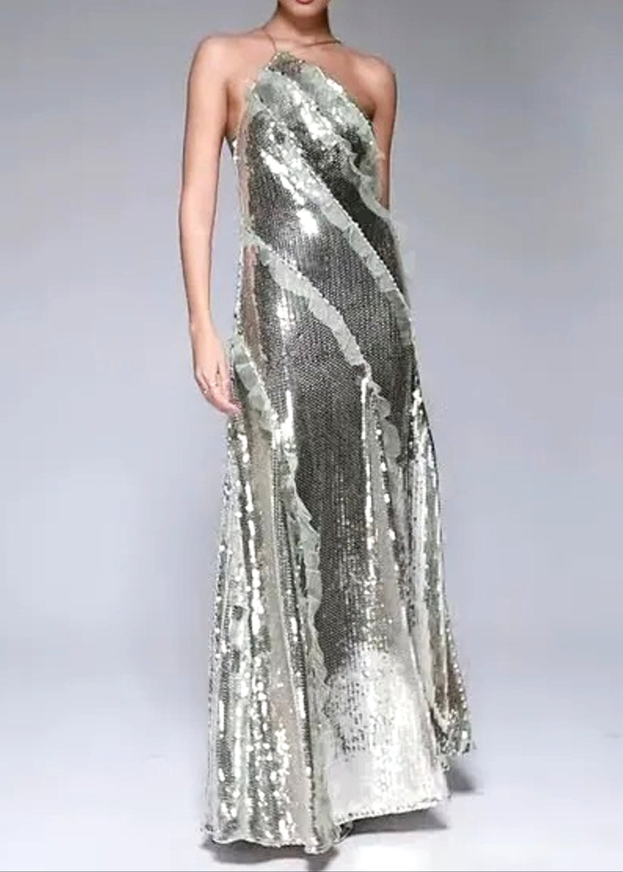 Pandeia Halter Ruffle Detail Sequin Maxi Dress In Silver