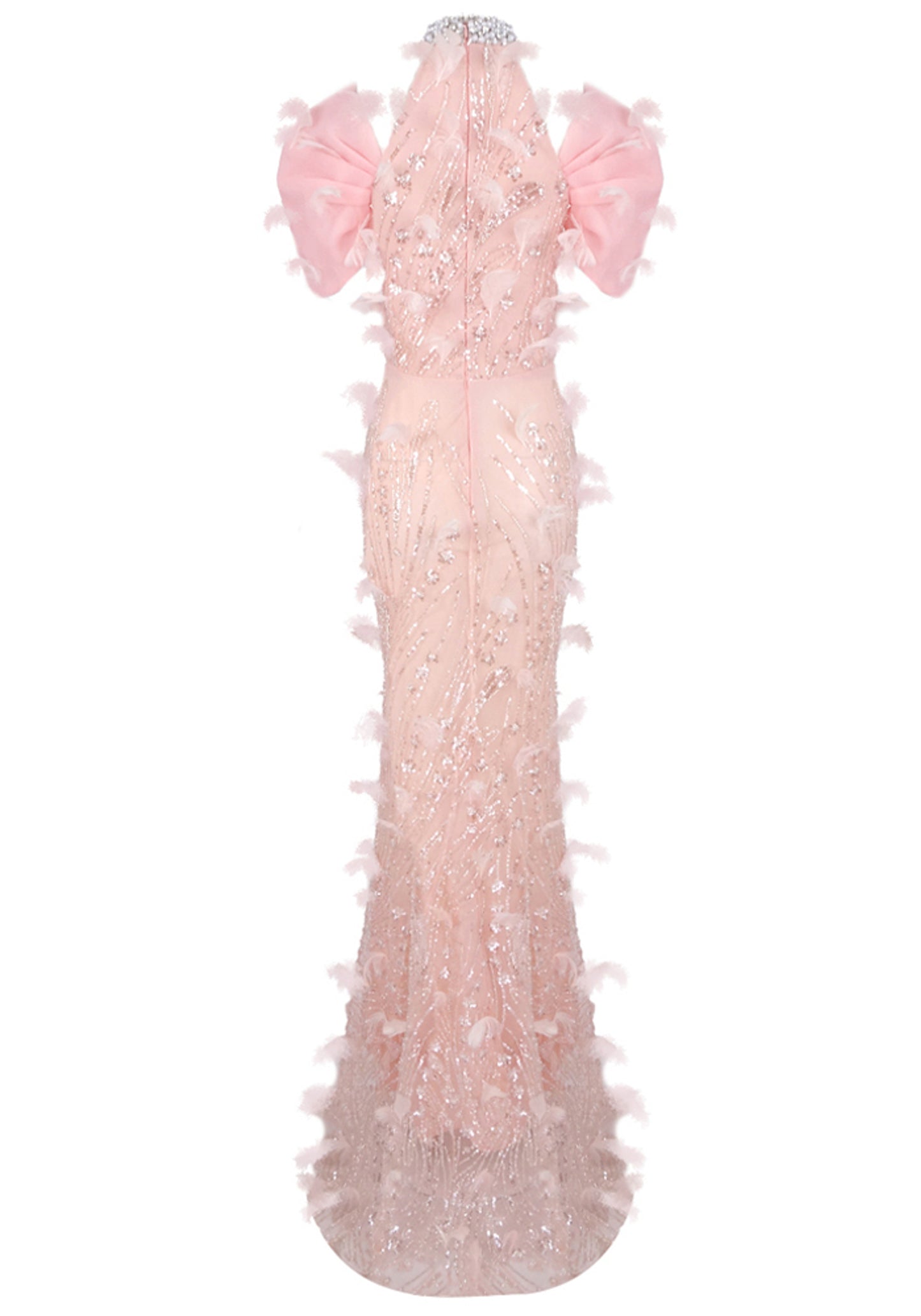 Kalene Halter Crystal Sequin Feather Maxi Dress In Pink