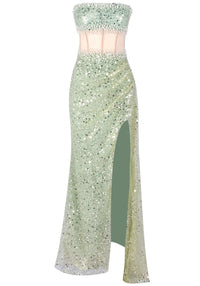 Alinka Strapless Pearl Sequin Maxi Dress In Green