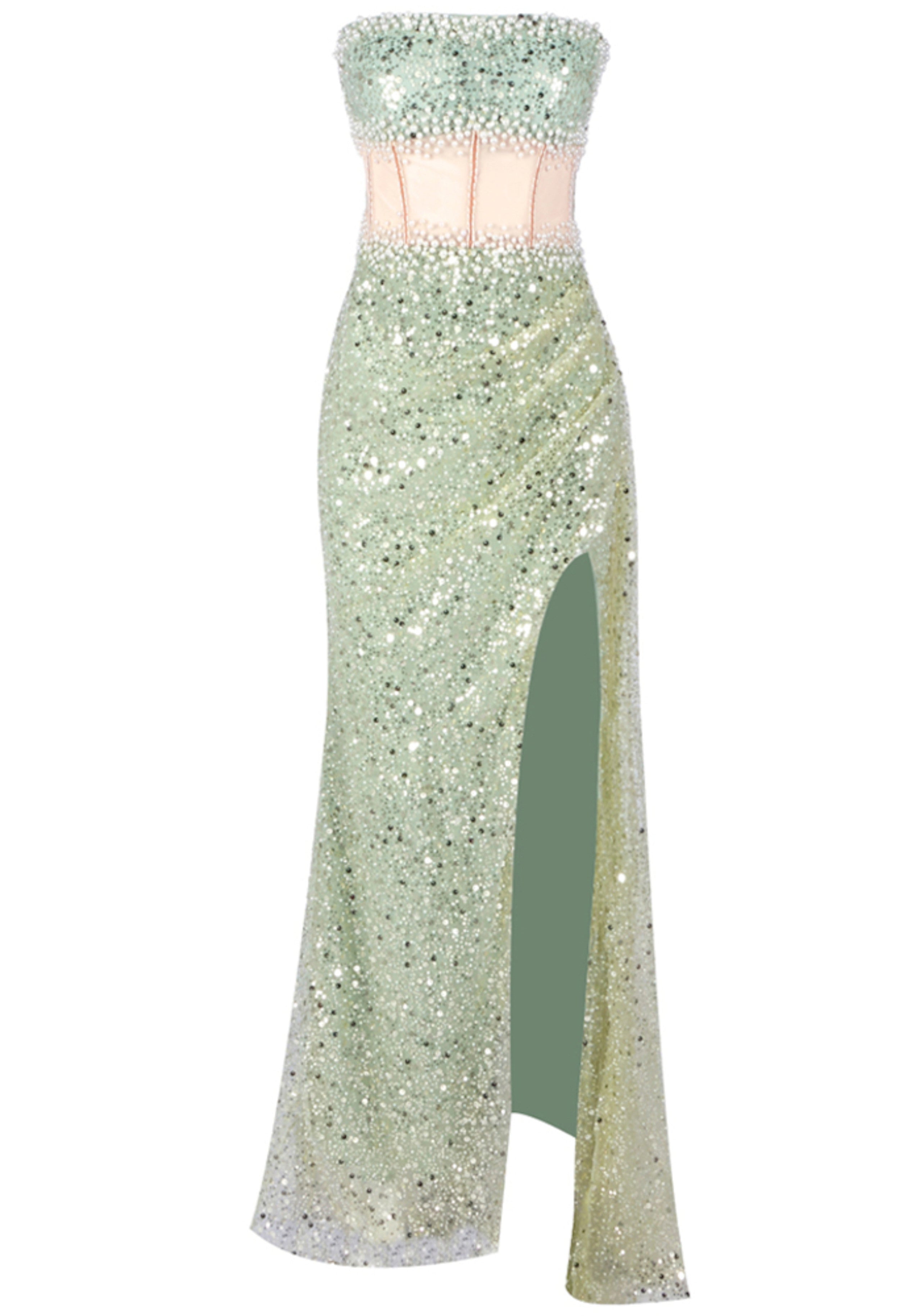 Alinka Strapless Pearl Sequin Maxi Dress In Green