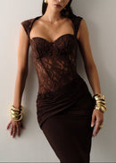 Luxyvar Lace Bustier Draped Maxi Dress In Brown