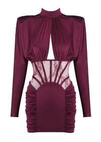 Geotra Long Sleeve Lace Corset Mini Dress In Burgundy