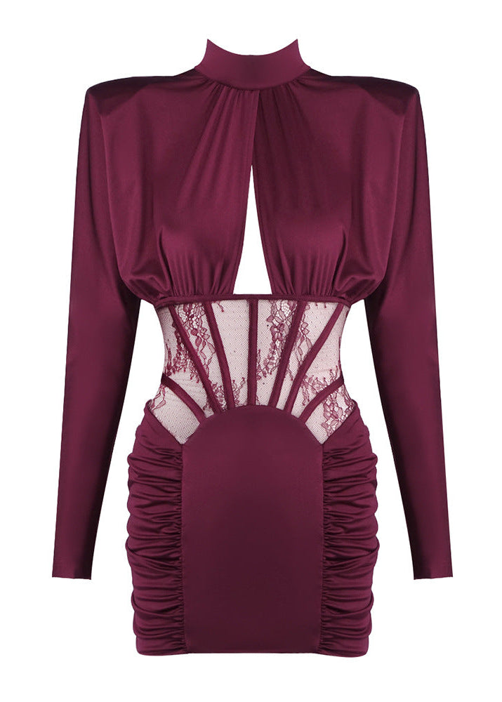 Geotra Long Sleeve Lace Corset Mini Dress In Burgundy