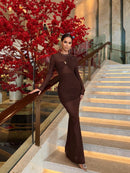 Ramesh Long Sleeve Mesh Insert Draped Maxi Dress In Brown