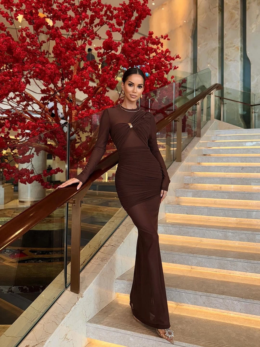 Ramesh Long Sleeve Mesh Insert Draped Maxi Dress In Brown