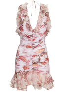 Jaldor Halter Floral Ruched Ruffle Dress In Pink