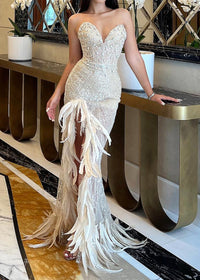 Daviel Strapless Crystal Sequin Feather Maxi Dress In Ivory