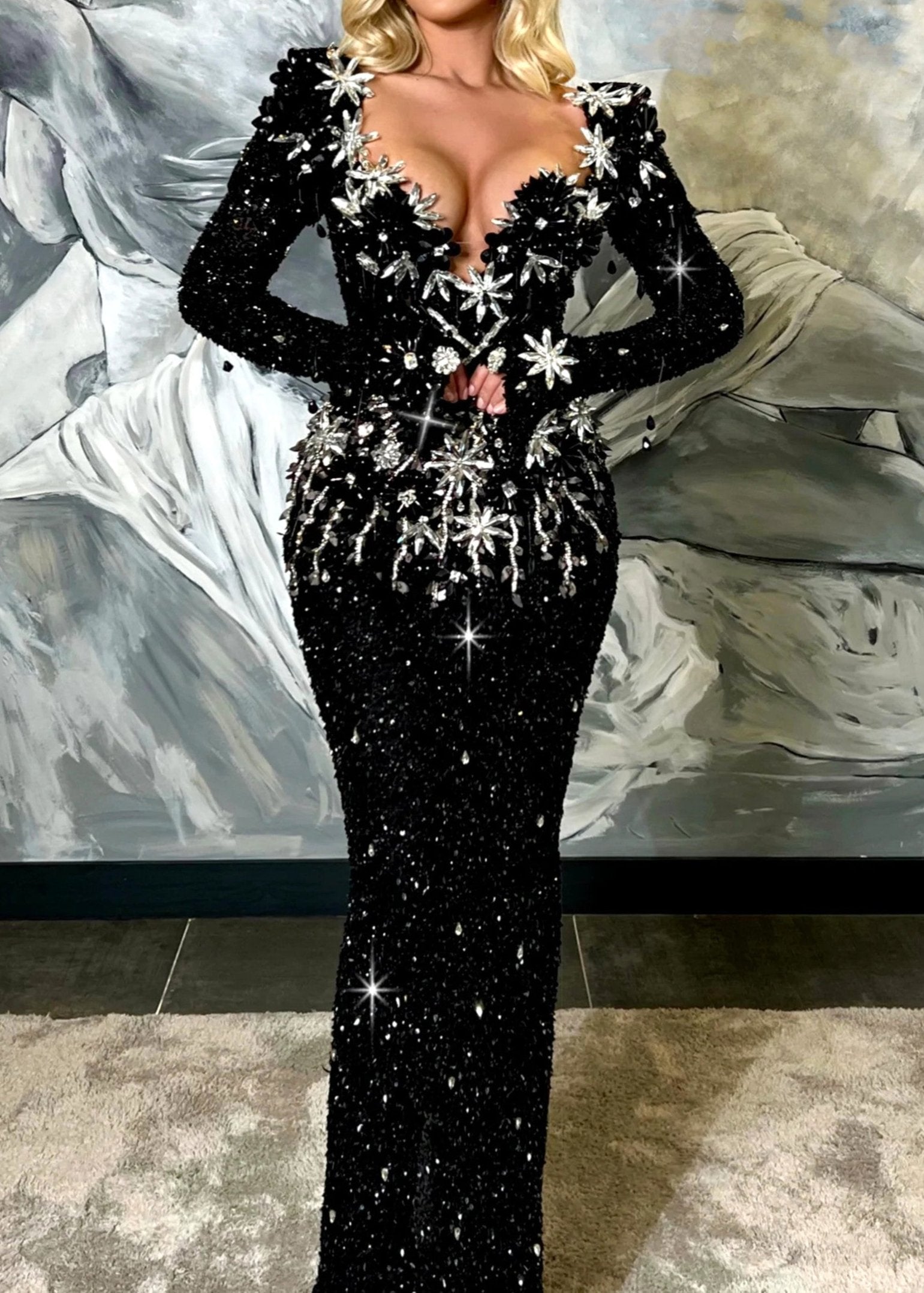 Tsanko Long Sleeve Crystal Sequin Maxi Dress In Black