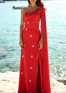 Vazvara One Shoulder Crystal Detail Maxi Dress In White