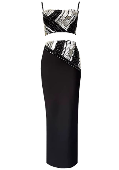 Averth Crystal Corset Two Piece Maxi Dress In Black