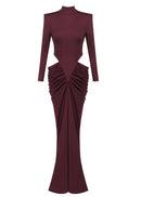 Gneissa Long Sleeve Cutout Draped Maxi Dress In Wine Red