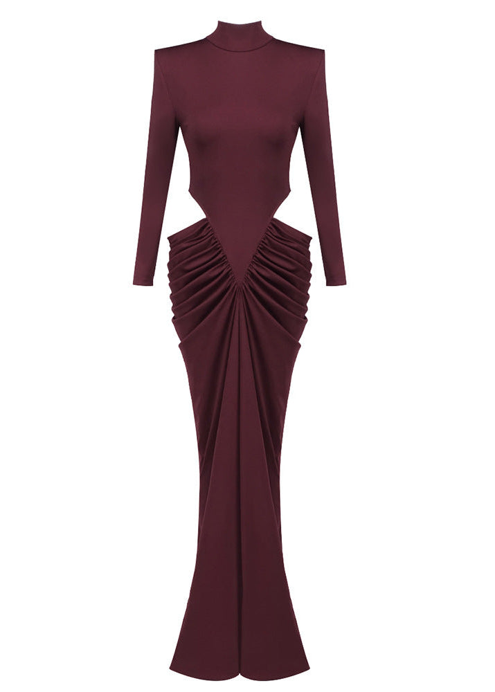 Gneissa Long Sleeve Cutout Draped Maxi Dress In Wine Red