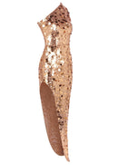 Celena One Shoulder Sequin Asymmetric Maxi Dress In Gold