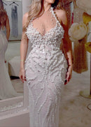 Aelorin Halter Pearl Detail Sequin Maxi Dress In White