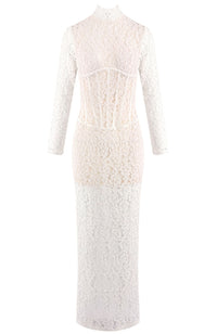 Heyren Long Sleeve Structured Lace Maxi Dress In White