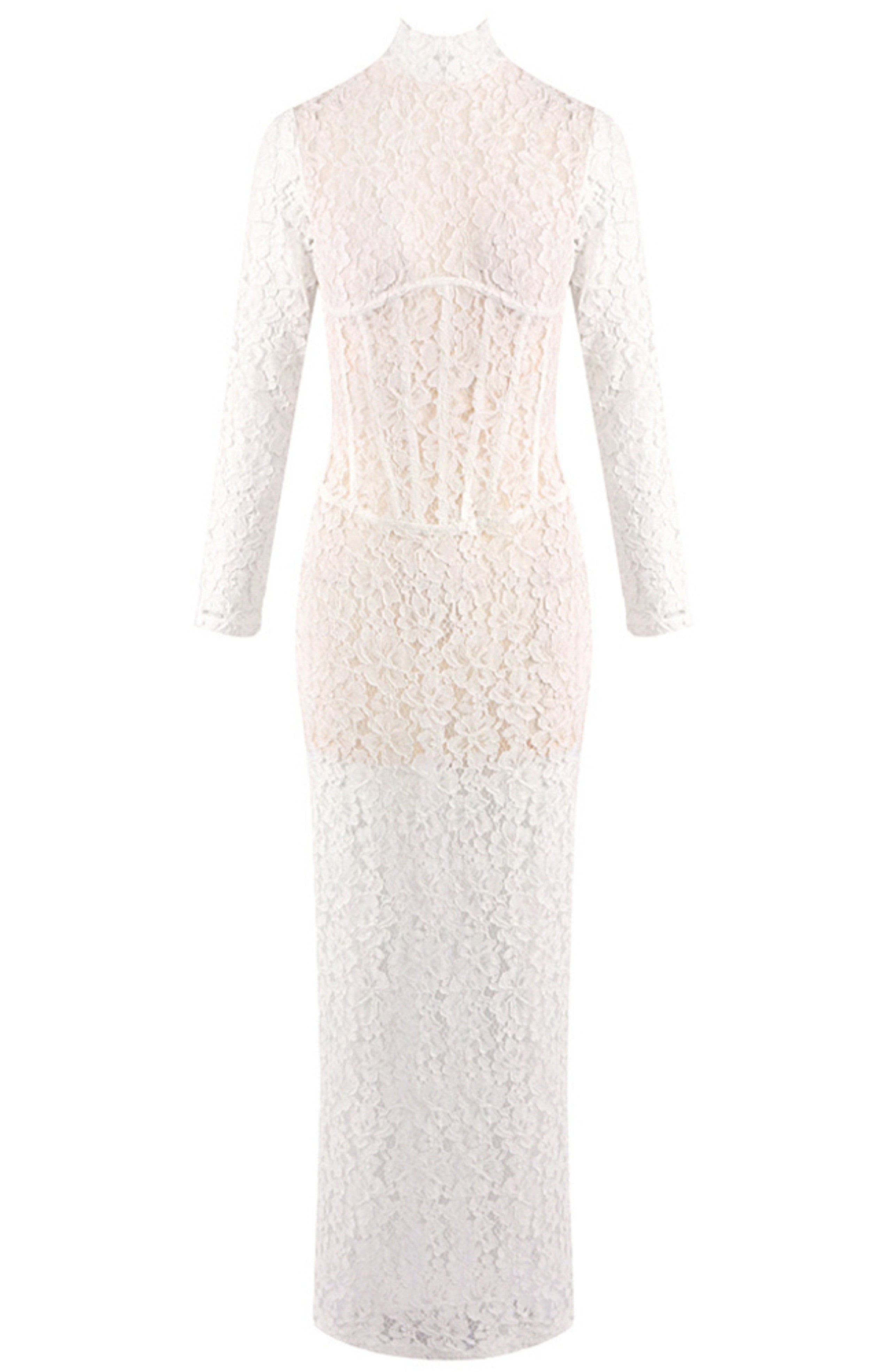 Heyren Long Sleeve Structured Lace Maxi Dress In White
