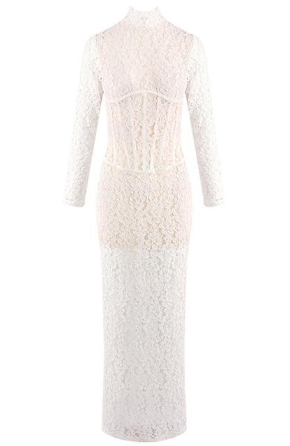 Heyren Long Sleeve Structured Lace Maxi Dress In White