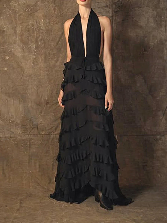 Leonia Halter Ruffle Maxi Dress In Black