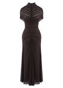 Farrux Draped Mesh A Line Maxi Dress In Brown