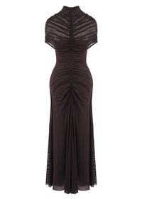 Farrux Draped Mesh A Line Maxi Dress In Brown