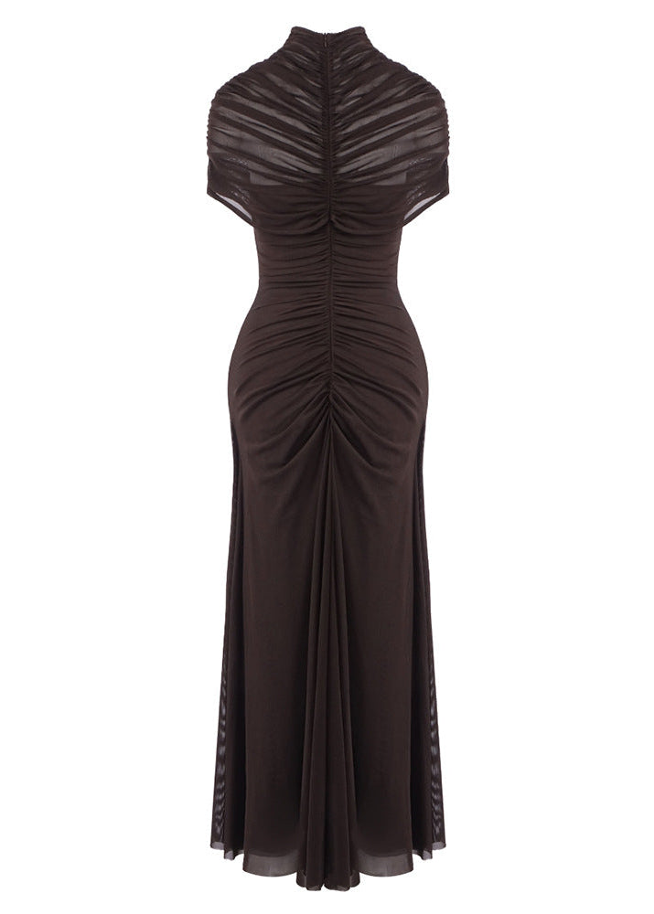 Farrux Draped Mesh A Line Maxi Dress In Brown
