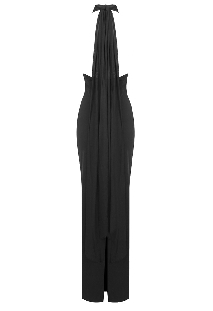 Kehlani Sheer Mesh Upper Ponte Lower Maxi Dress In Black